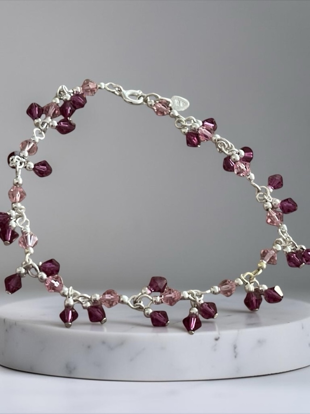 Sterling Silver Pink Crystal Dangle Bracelet Chain